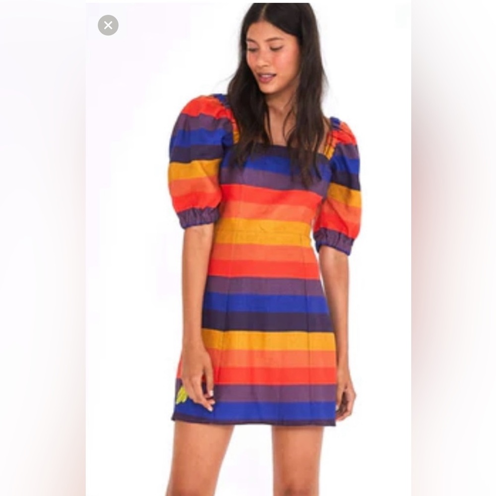 Farm Rio Rainbow Mini Dress with Puffed Sleeves, Size L